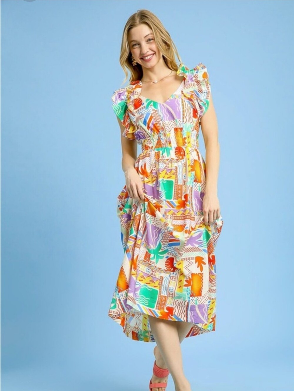 Umgee Printed Ruffle Sleeve Midi Dress - Multi Color